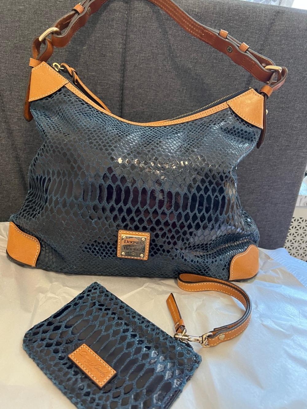 Dooney & Bourke Navy Snake-Embossed Leather Shoulder Bag with Tan Trim - Picture 2 of 9